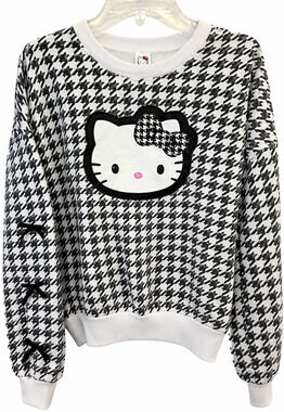 Hello Kitty Coquette Sweatshirt Womens Large Gray White Houndstooth Bow Sleeve
